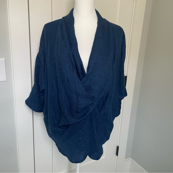 ZARA 100% Linen Draped Blouse INDIGO — ZW COLLECTION, LIMITED EDITION - Picture 3 of 15